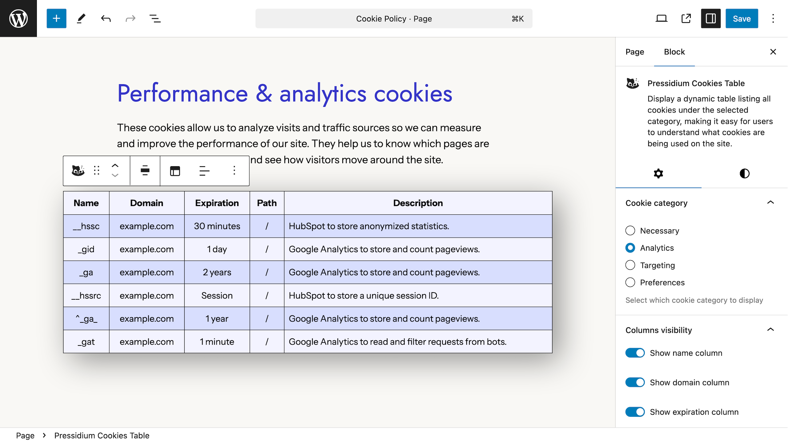 Pressidium Cookies Table block screenshot