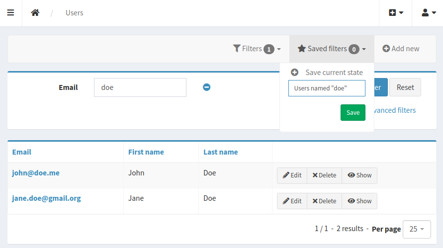 Save filter form