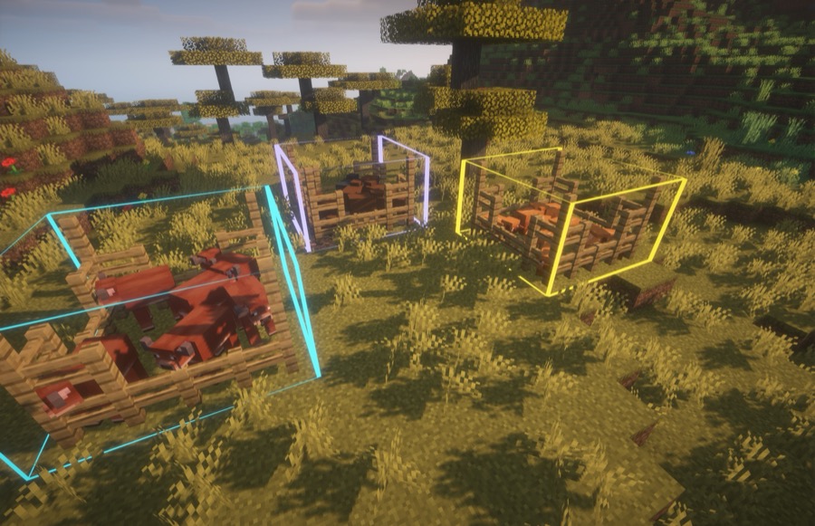 Three differently coloured sound zones around Minecraft animal pens