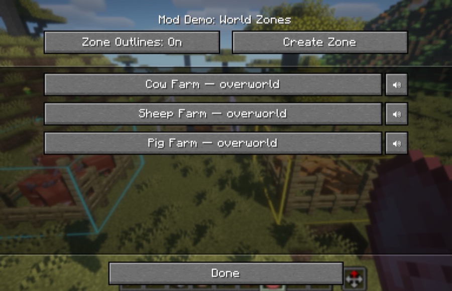 World Zones menu listing named sound zones and outline controls