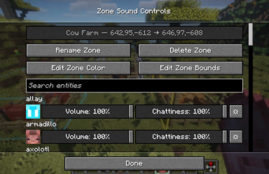 Zone Sound Controls showing per-mob volume and chattiness sliders