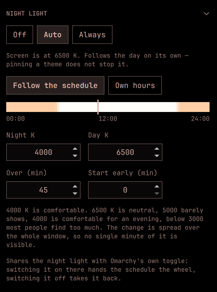 The night light section, with the day tinted by the temperature the screen will be
