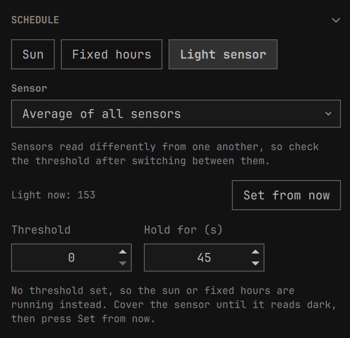 The light sensor, with a live reading and calibration