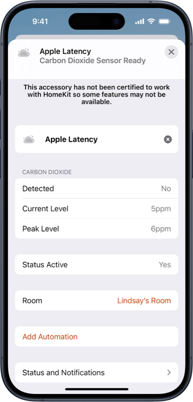 Example sensor to check latency to apple.com. Shows current level at 5ppm (ms) and peak at 6ppm (ms).