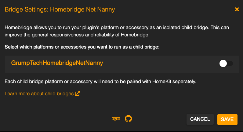 homebridge-config-ui-x plugin configuration showing the child bridge disabled