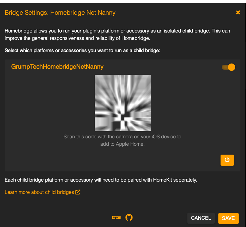 homebridge-config-ui-x plugin configuration showing the child bridge active (unpaired)