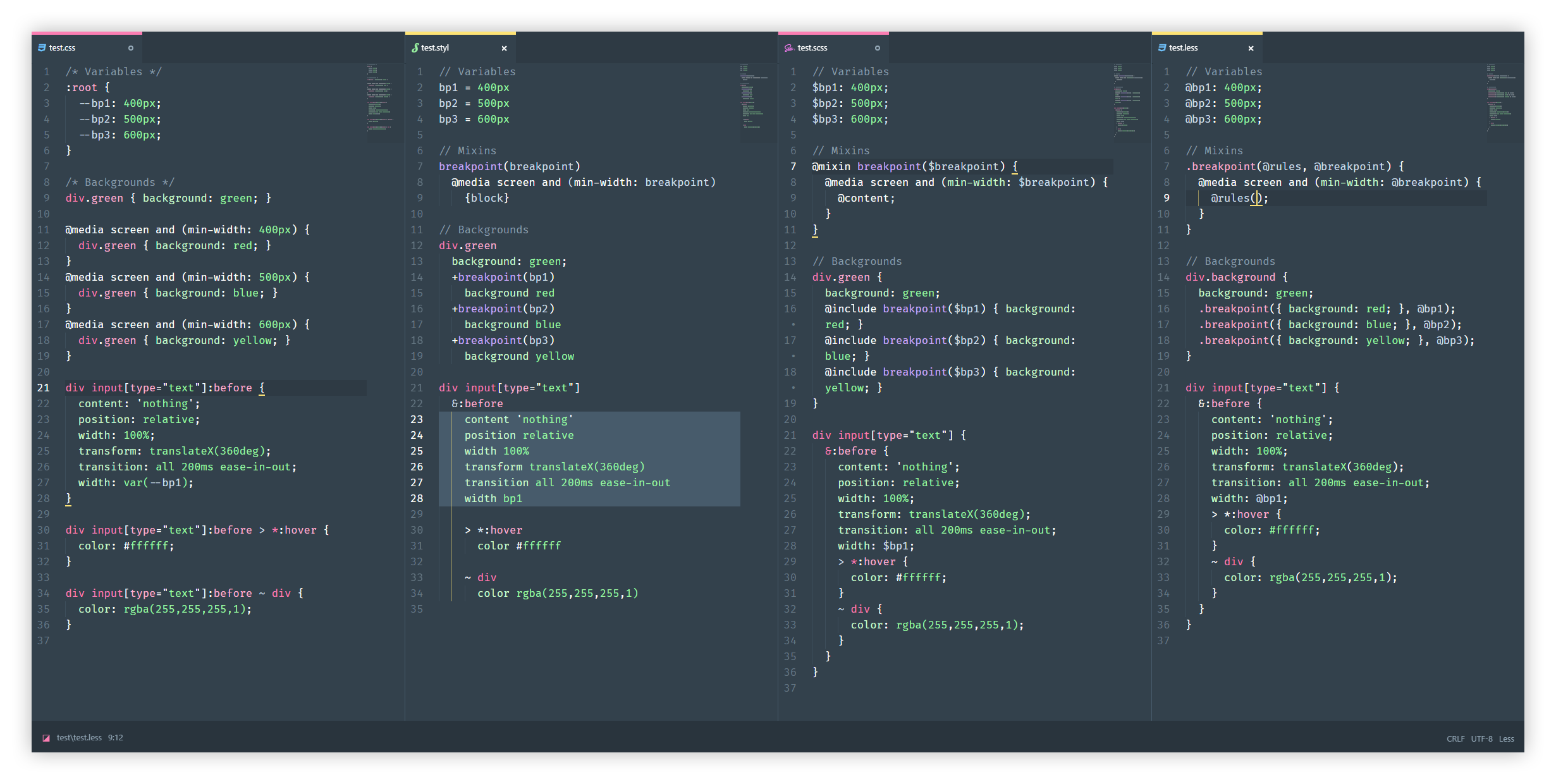 Screenshot of Atom showing styles in different formats.