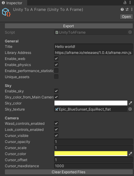 unity-to-aframe options