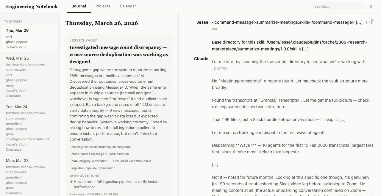 Journal view — three-panel layout with date index, entry detail, and conversation transcript