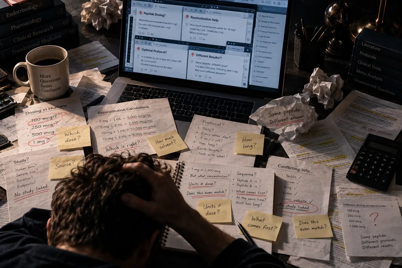 A desk buried in conflicting doses, forum threads and reconstitution math