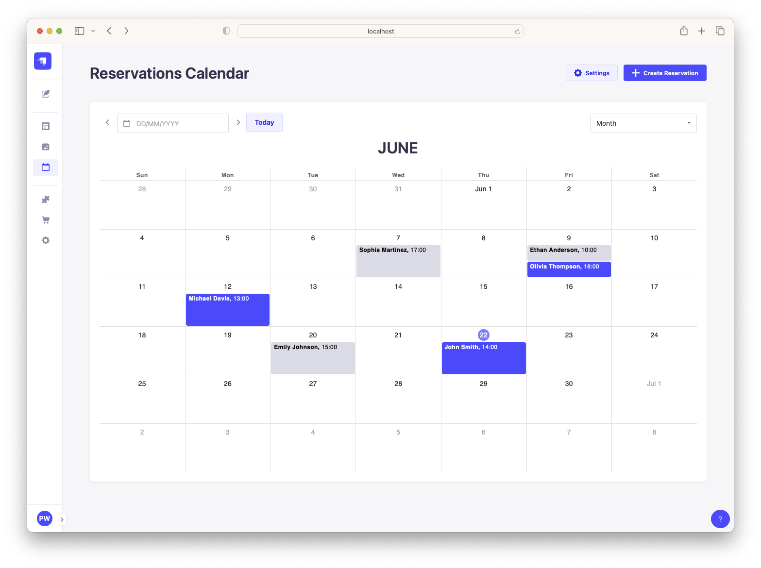 Screenshot of reservations calendar page 