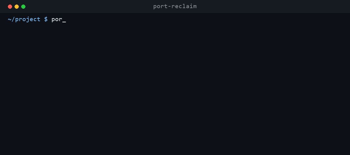 A recorded session: listing a busy port, releasing it, declining to kill a database and a Docker process, then reclaiming ports by process name