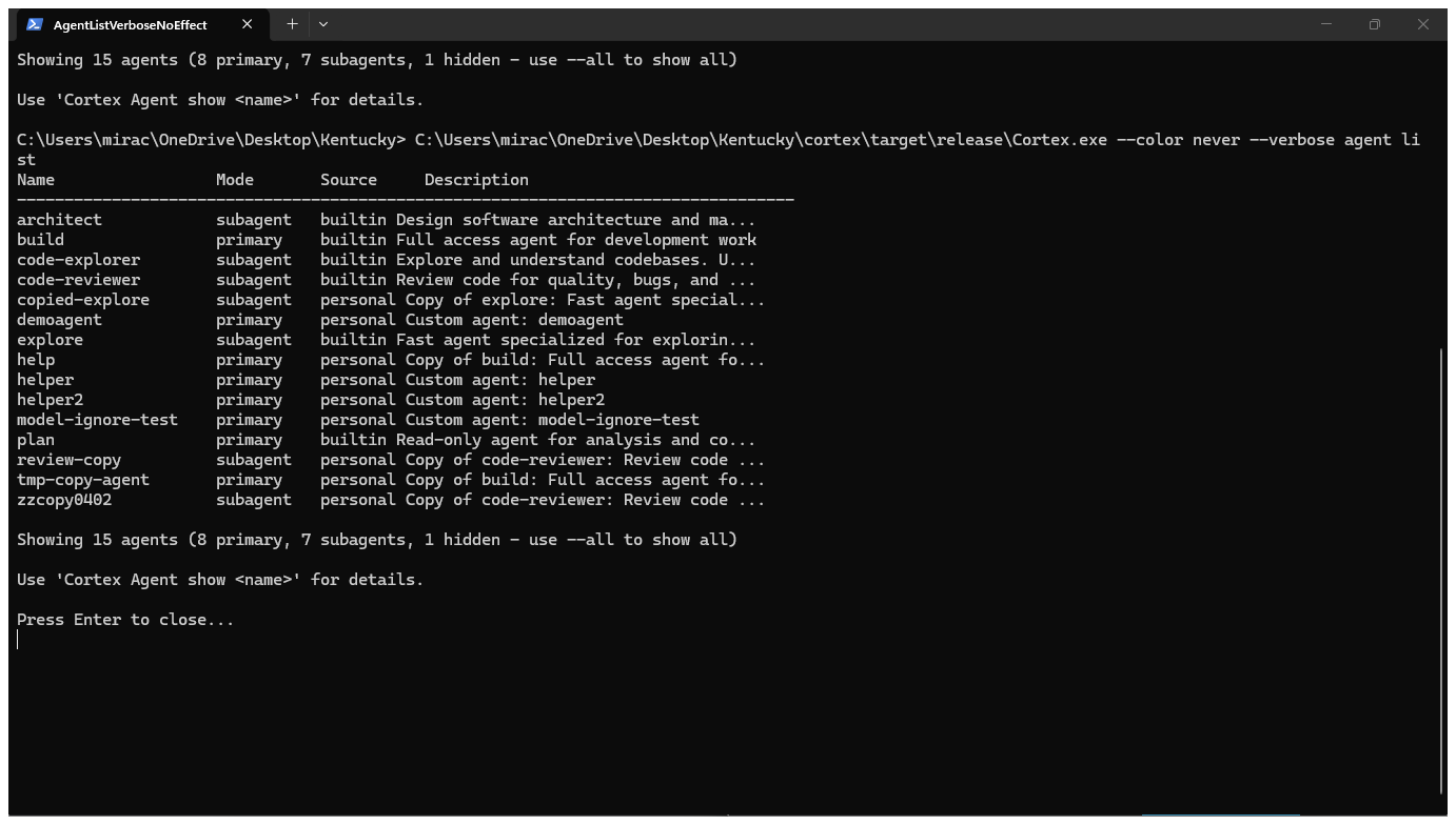 Full terminal comparison showing cortex agent list and cortex --verbose agent list producing the same output