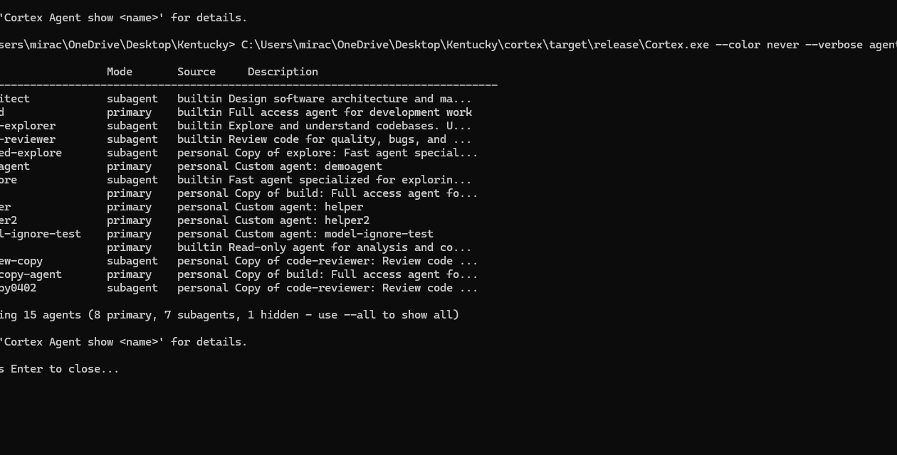 Close-up of the identical cortex agent list outputs with and without verbose