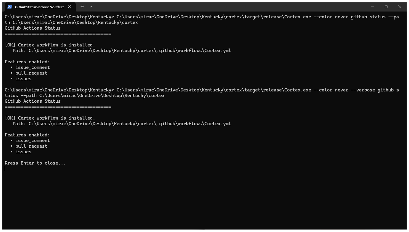 Full terminal comparison showing cortex github status and cortex --verbose github status producing the same output