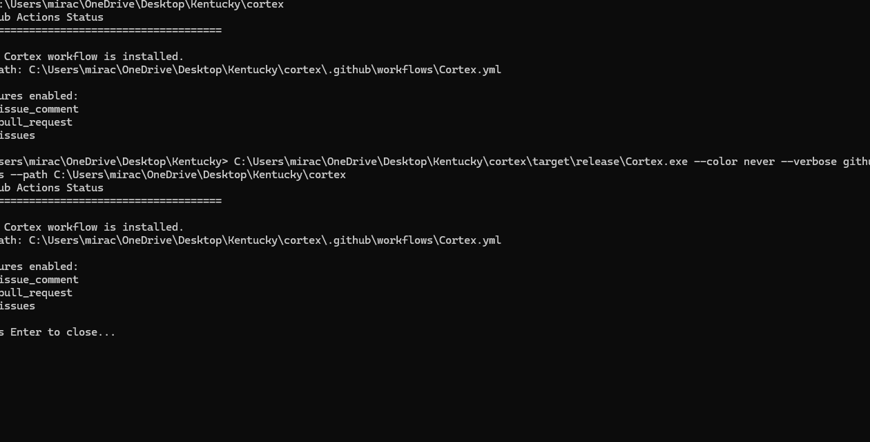Close-up of the identical cortex github status outputs with and without verbose