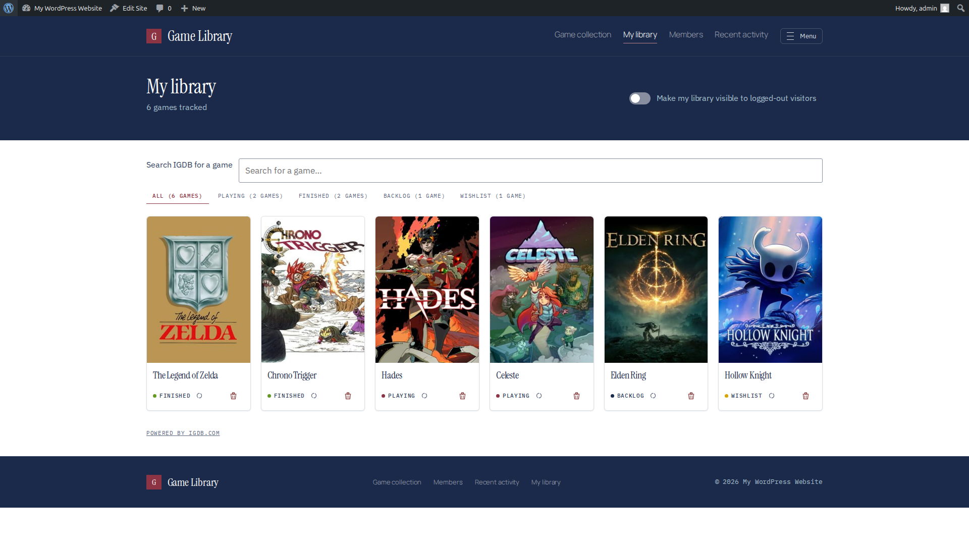 My Library — the member's landing page: cover art and per-game status