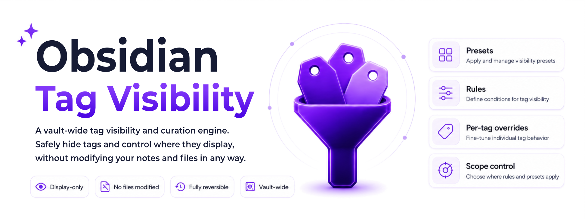 Tag Visibility - a vault-wide tag visibility engine for Obsidian. Display-only, no files modified, fully reversible, vault-wide.