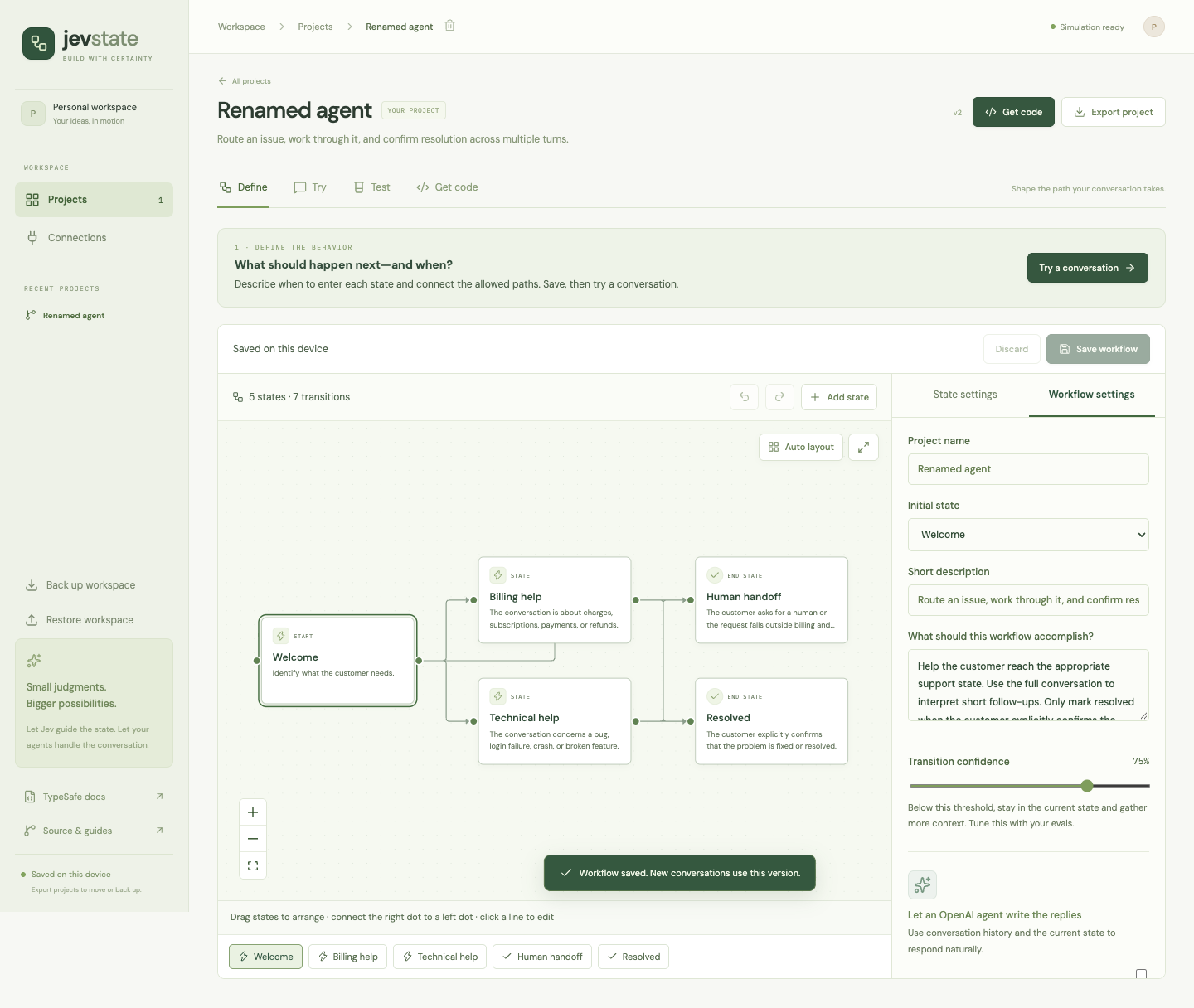 Jev State visual workflow editor with editable states and transitions