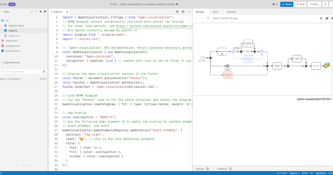 bpmn-visualization TypeScript usage with CodeSandbox