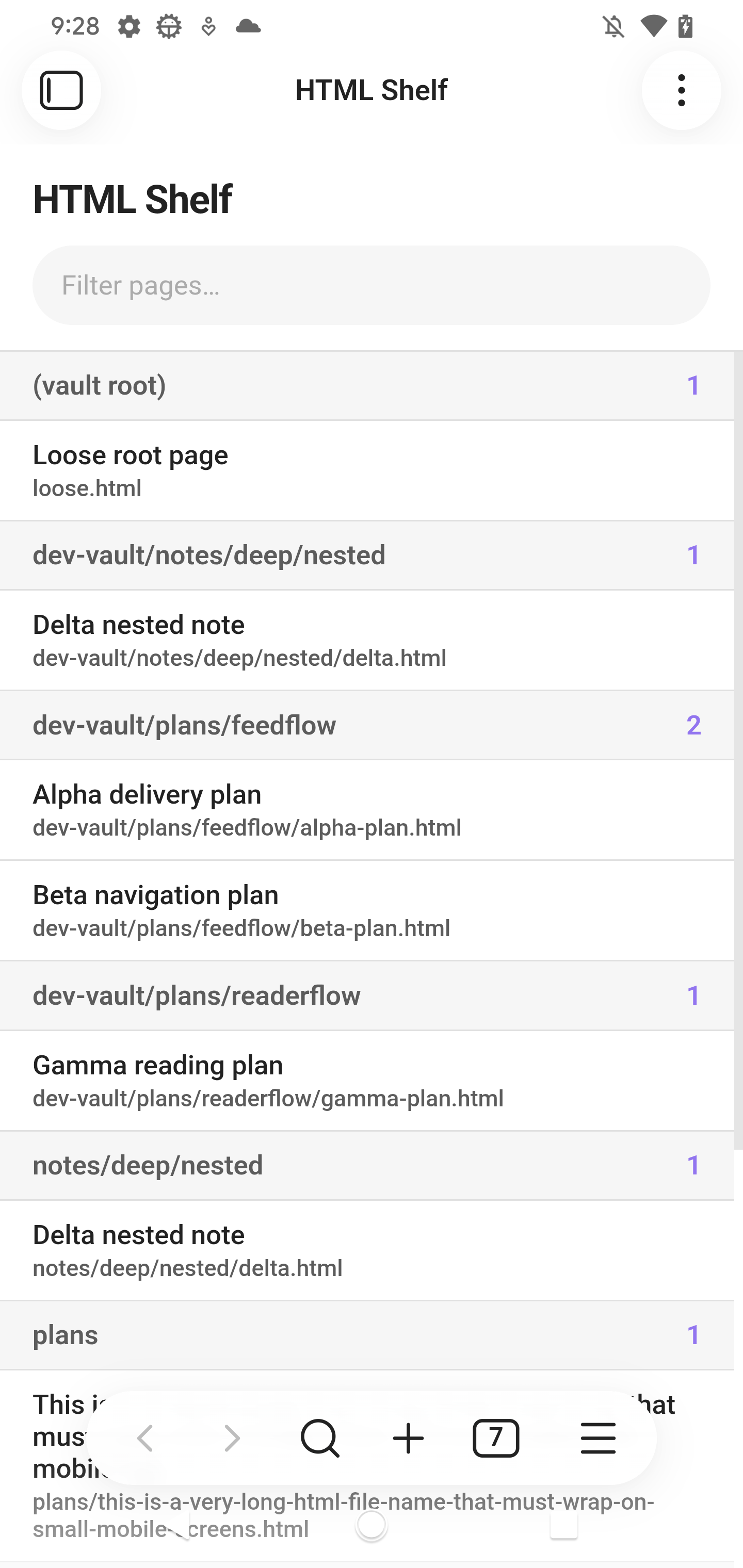 HTML Shelf homepage listing synthetic fixture pages on mobile
