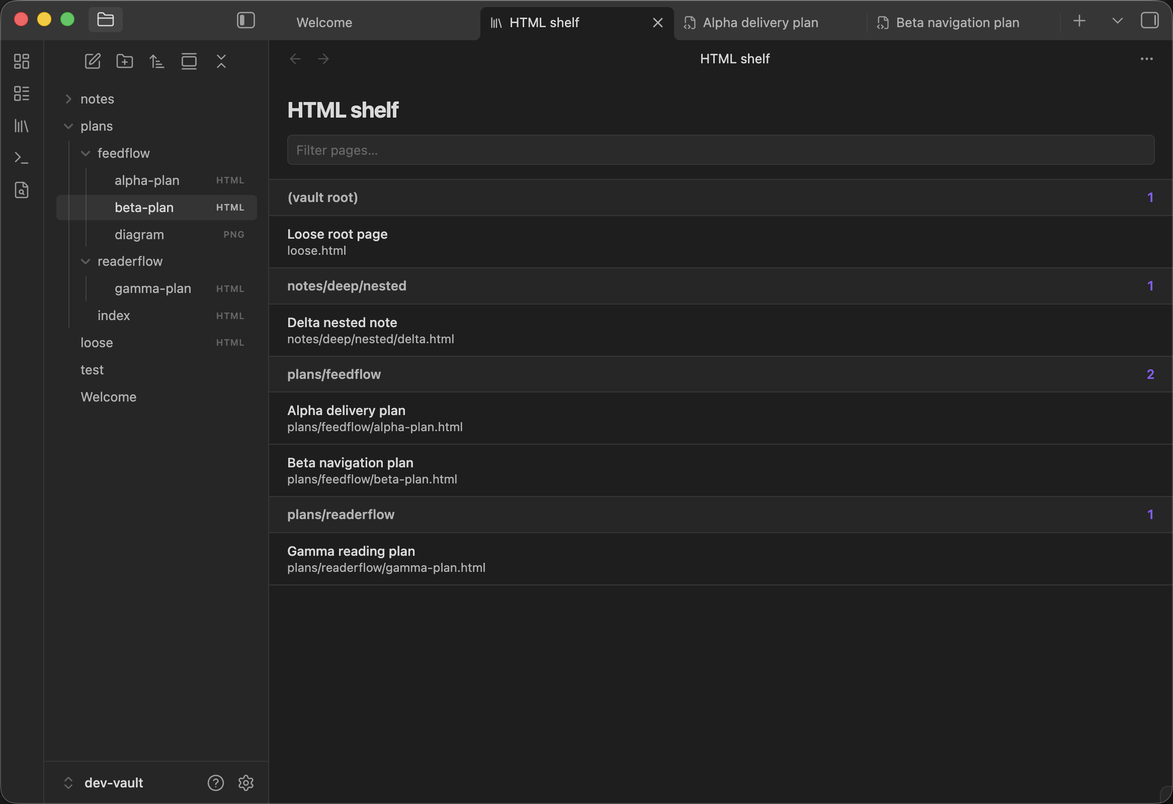 HTML Shelf listing synthetic fixture pages on desktop