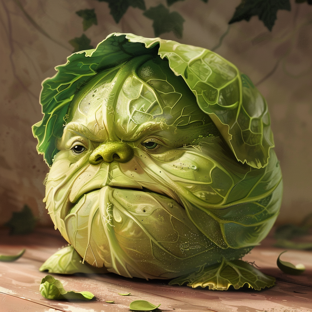 A silly picture of a round cabbage with a human face