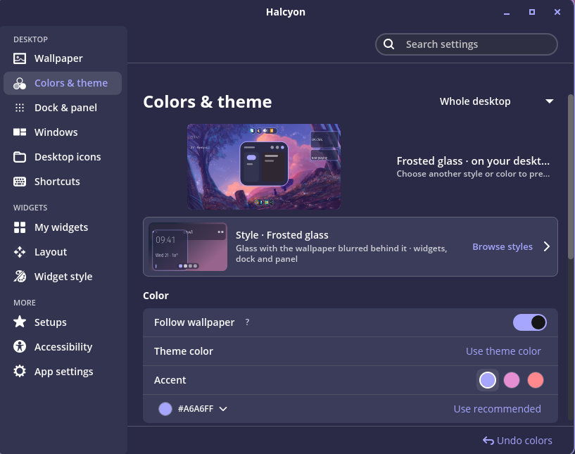 Colors and theme settings with automatic wallpaper colors enabled