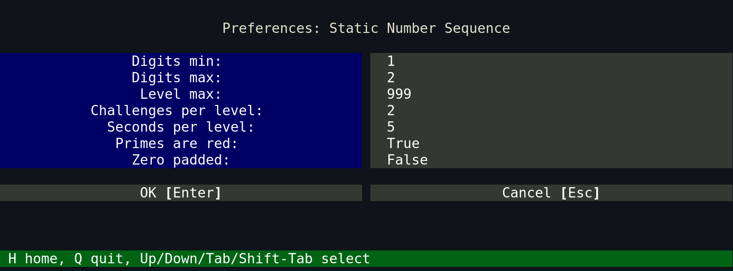 Preferences: Static Number Sequence
