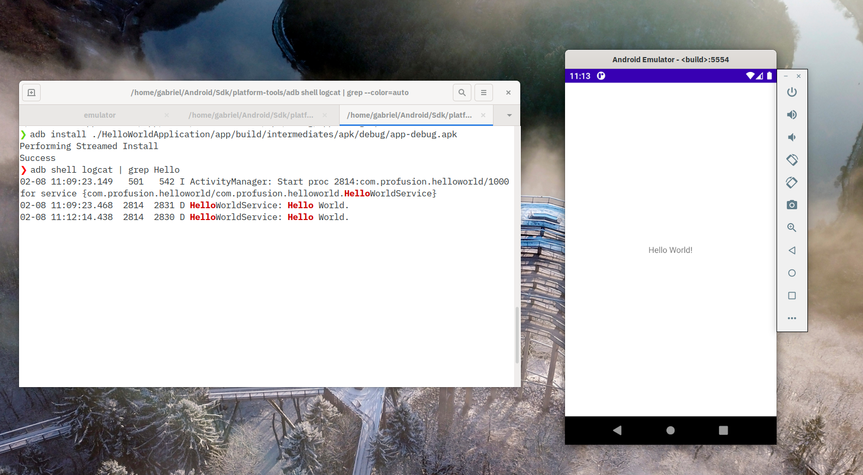 Android emulator running the helloworld app and helloword service