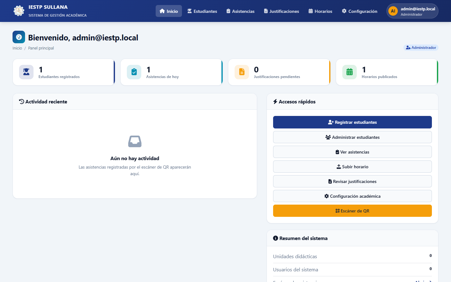 Real screenshot of iestp — academic management dashboard