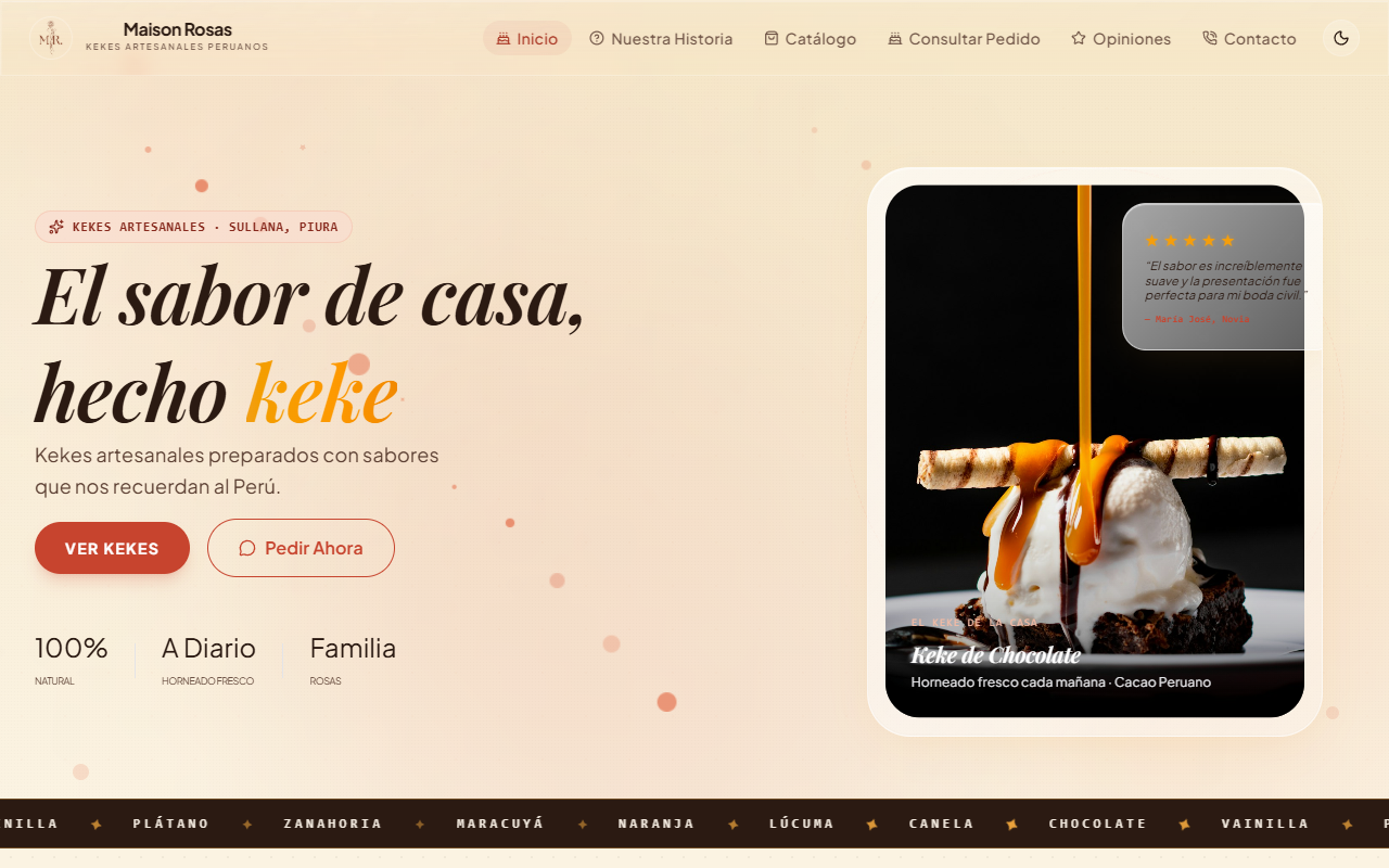 Real screenshot of Maison Rosas — Peruvian artisan cake e-commerce
