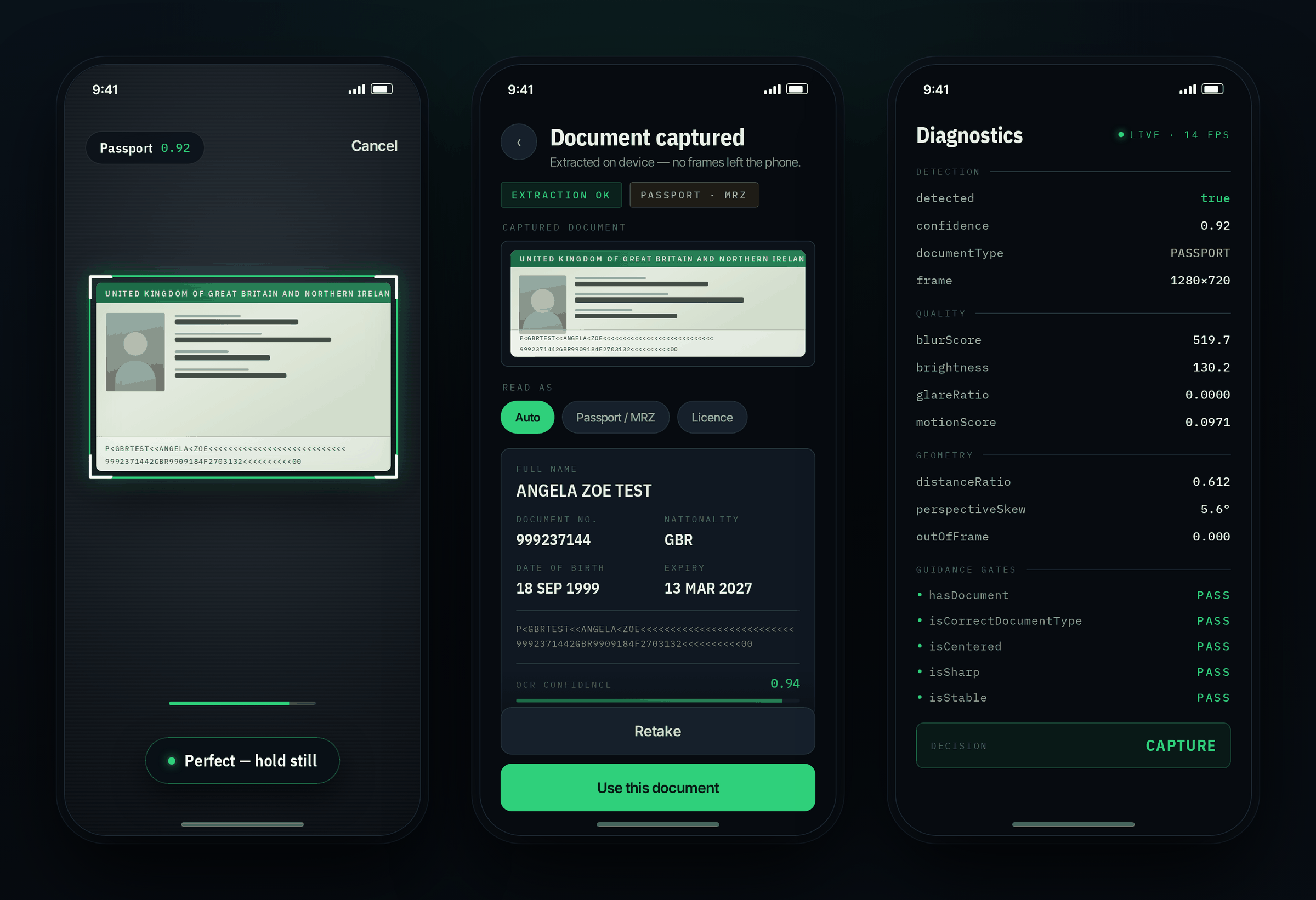 Guided capture, extraction result and diagnostics screens