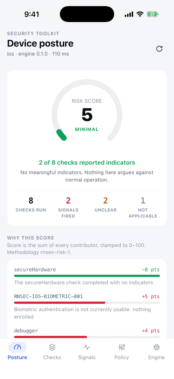 Risk score of 5 out of 100, with every signal that contributed to it and by how many points