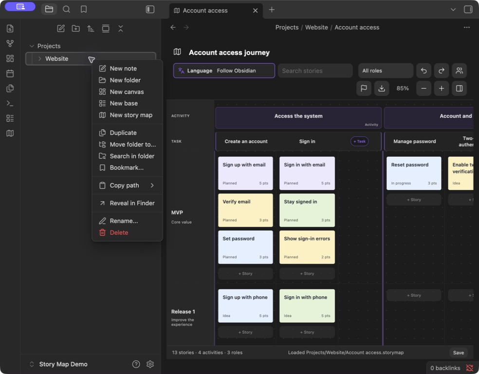 Obsidian folder context menu with the New story map command