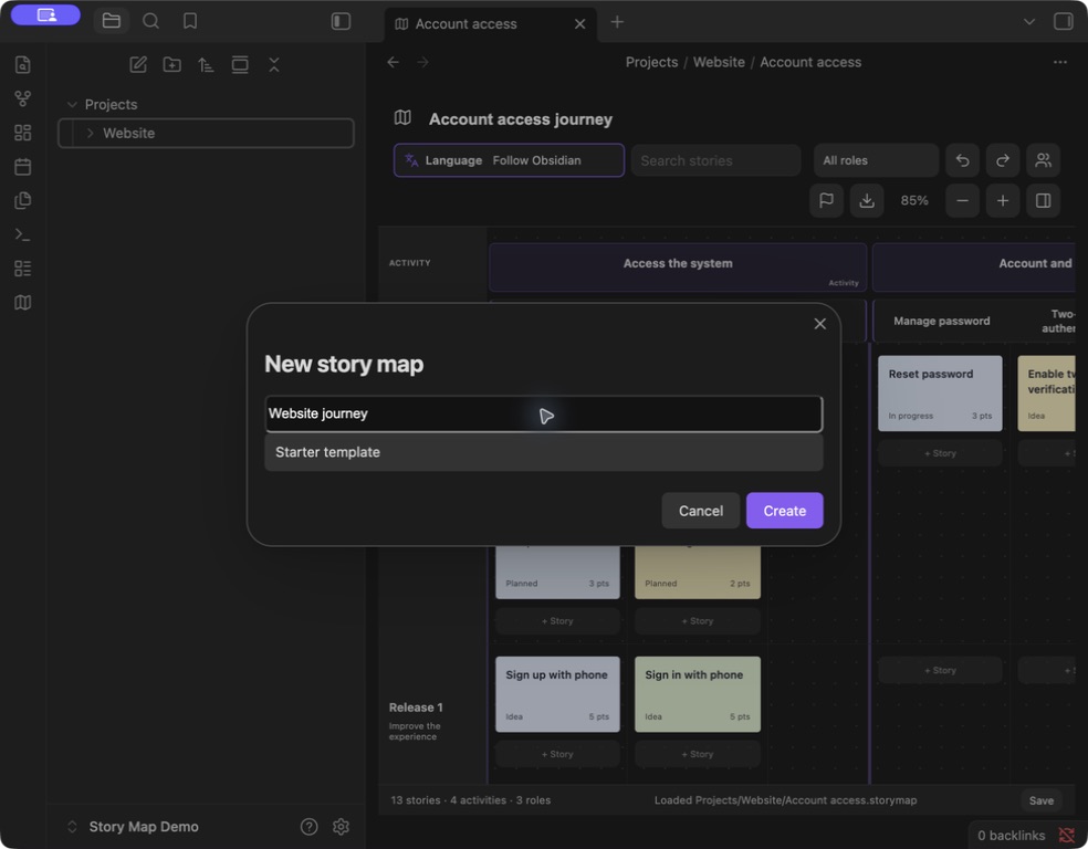 New story map dialog with a map name, template selector, and Create button
