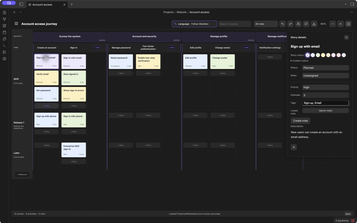 Updated Story Map interface in Obsidian: milestone lanes, separate add-task space, a labeled language selector, and compact Story details with eight color presets