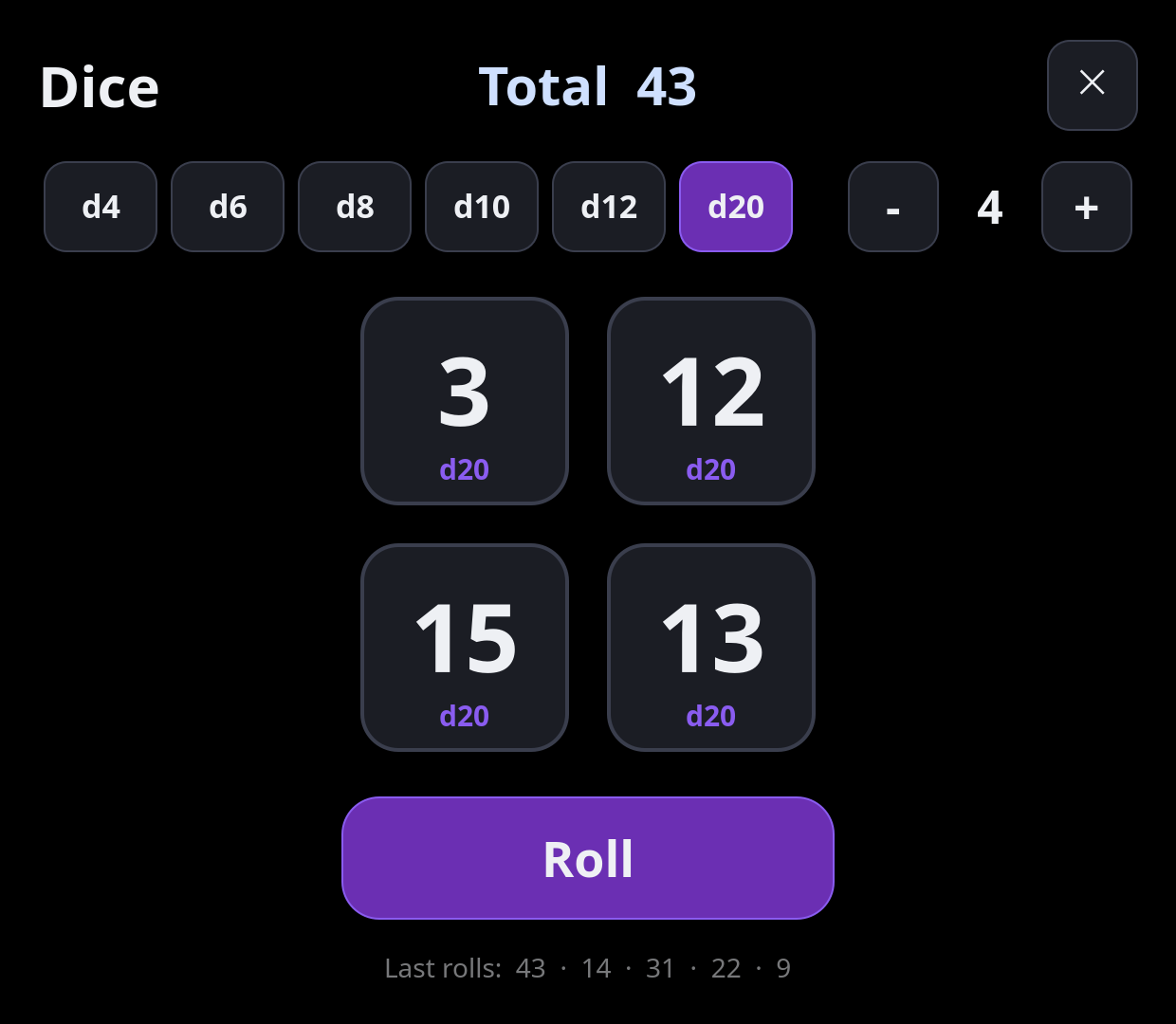 Four d20, total 46, with the last rolls listed