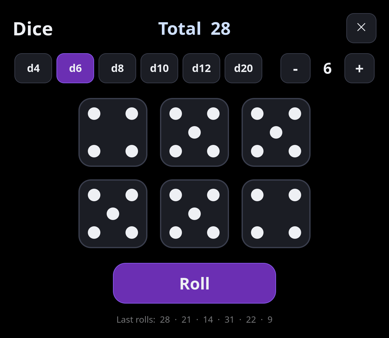 Six d6 in two rows of three