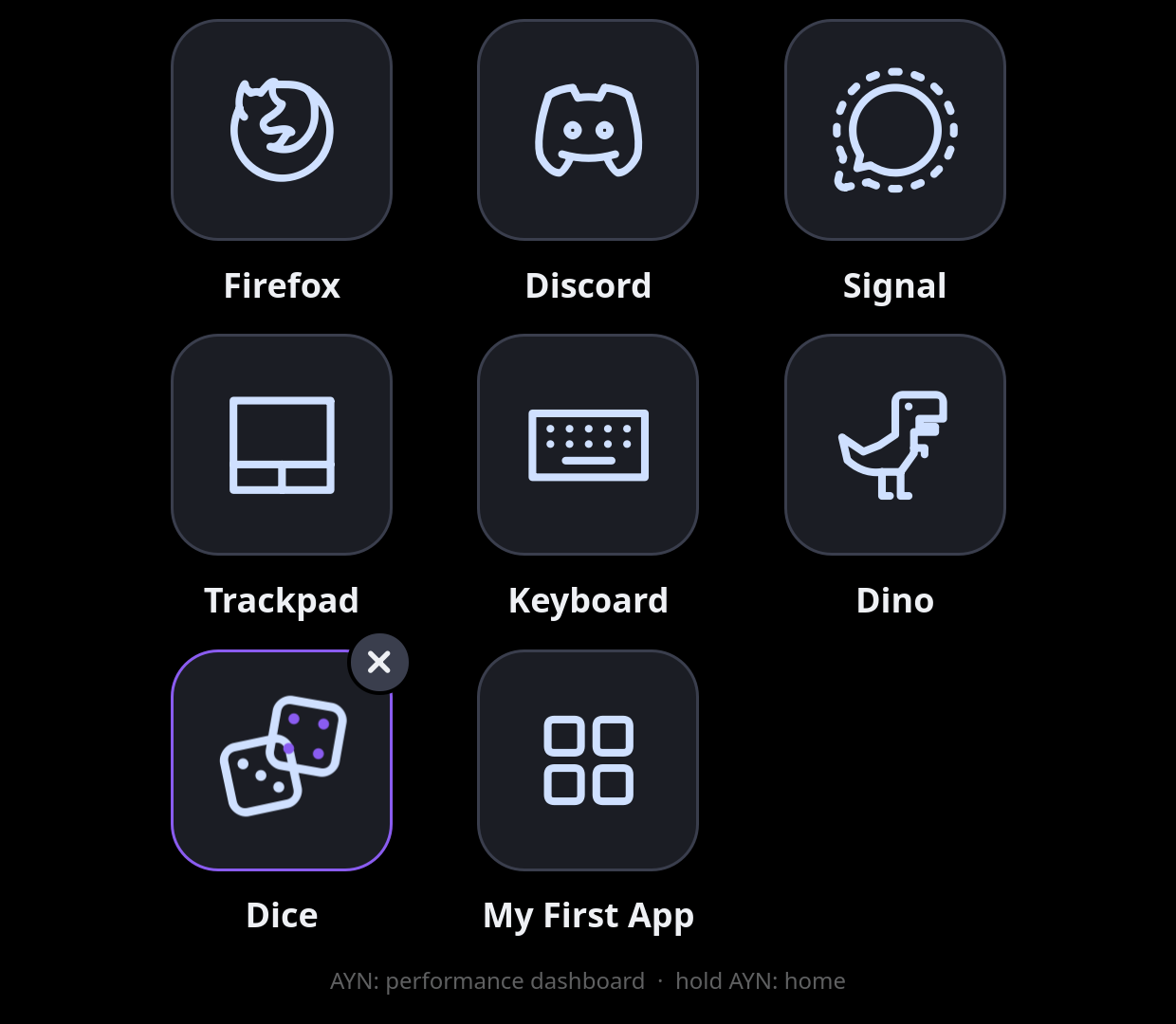Home screen tiles: Barry Launcher's apps, Dice with its own icon, and My First App with the plain icon