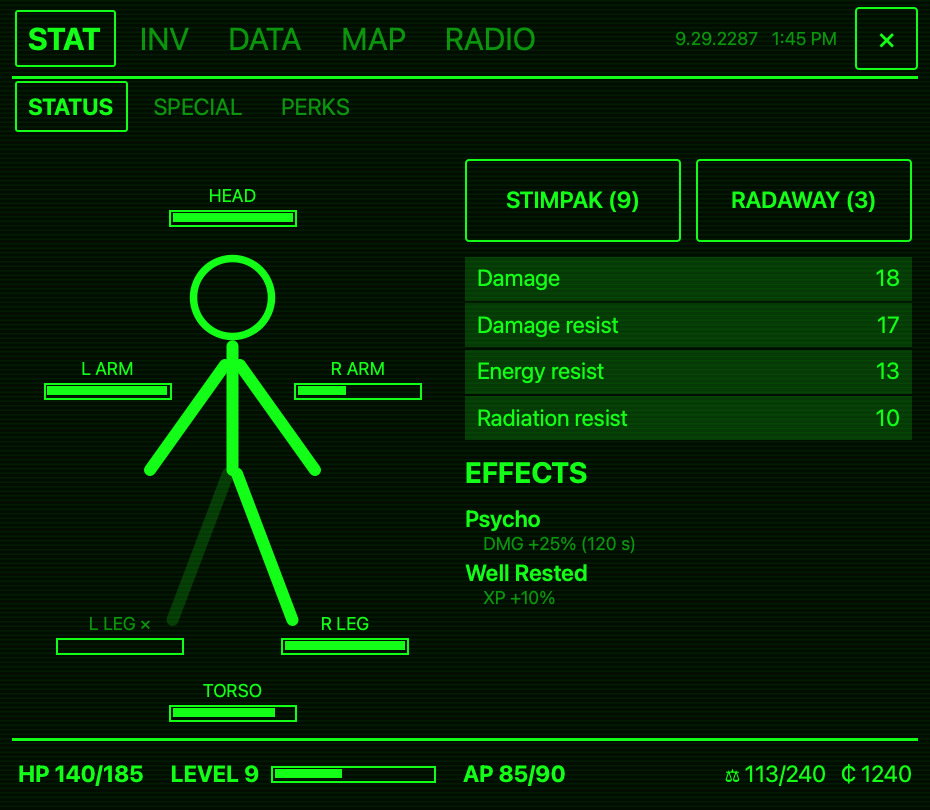 The Pip-Boy app in a Barry Simulator window: the STAT page with limb condition, Stimpak and RadAway buttons, damage and resistances, and effects