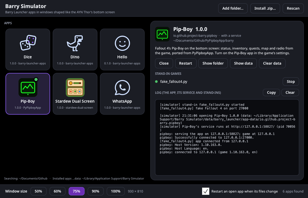 The log while the Pip-Boy runs: the stand-in starts, the app opens, its service starts at an address on 127.0.0.1, and it connects to the stand-in game