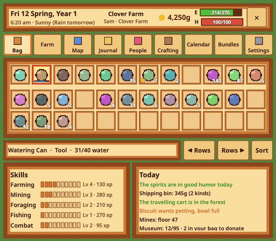 Stardew Dual Screen in a Barry Simulator window, connected to the stand-in: the date, gold, energy and health along the top, page tabs, and the bag with the stand-in's made-up items