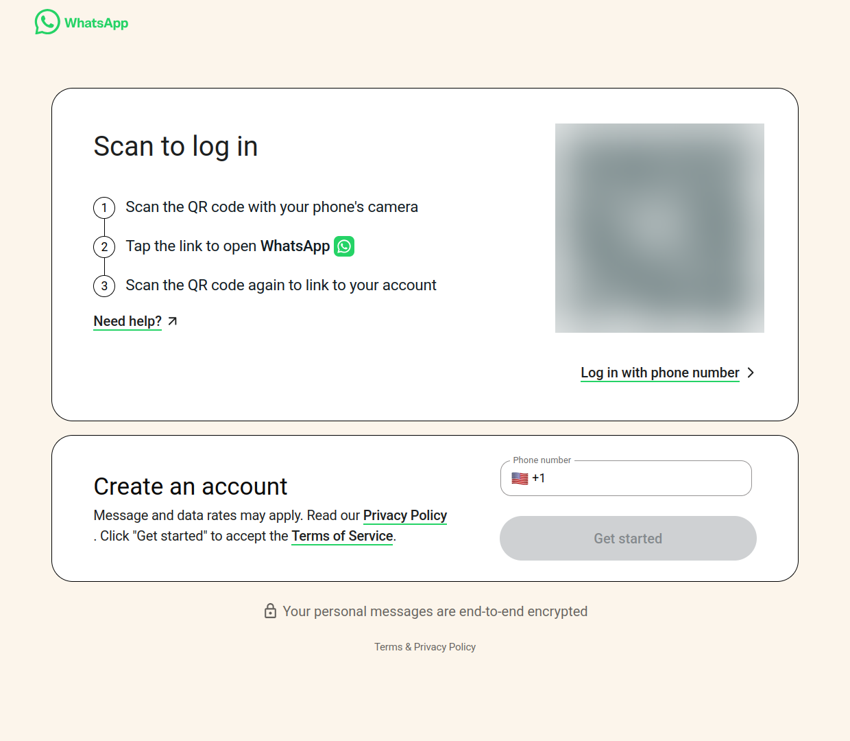 WhatsApp Web open on the Thor's bottom screen, at the "Scan to log in" step (QR code blurred)