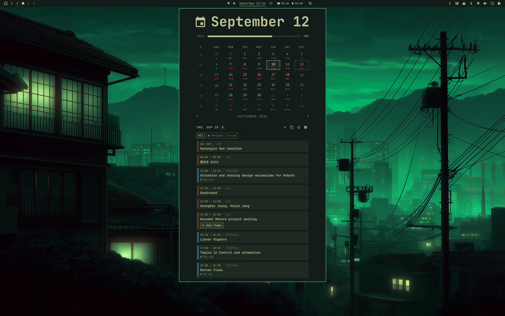 The calendar panel open on an Omarchy desktop