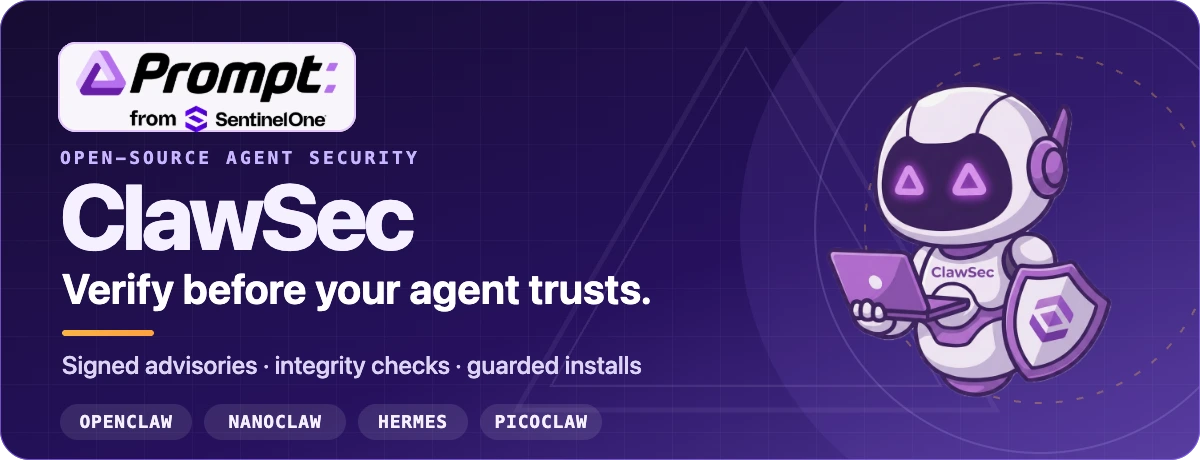 ClawSec security skills for AI agents, featuring the ClawSec robot and the Prompt Security from SentinelOne logo