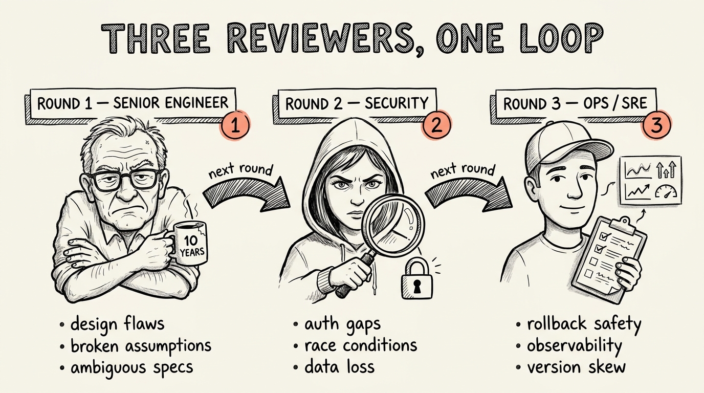 Three reviewers, one loop. Senior engineer, security, ops/SRE.