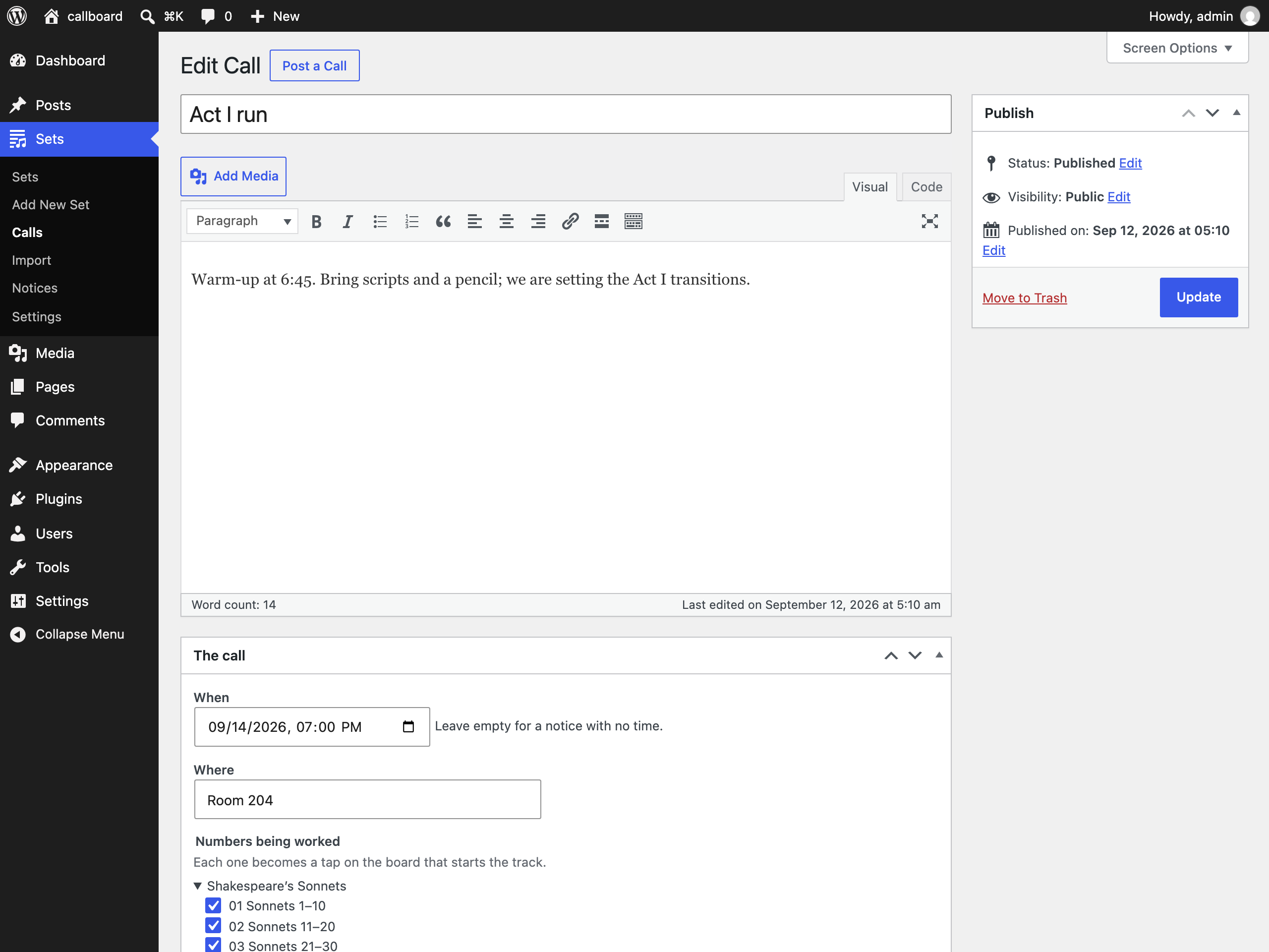 The call editor in WordPress