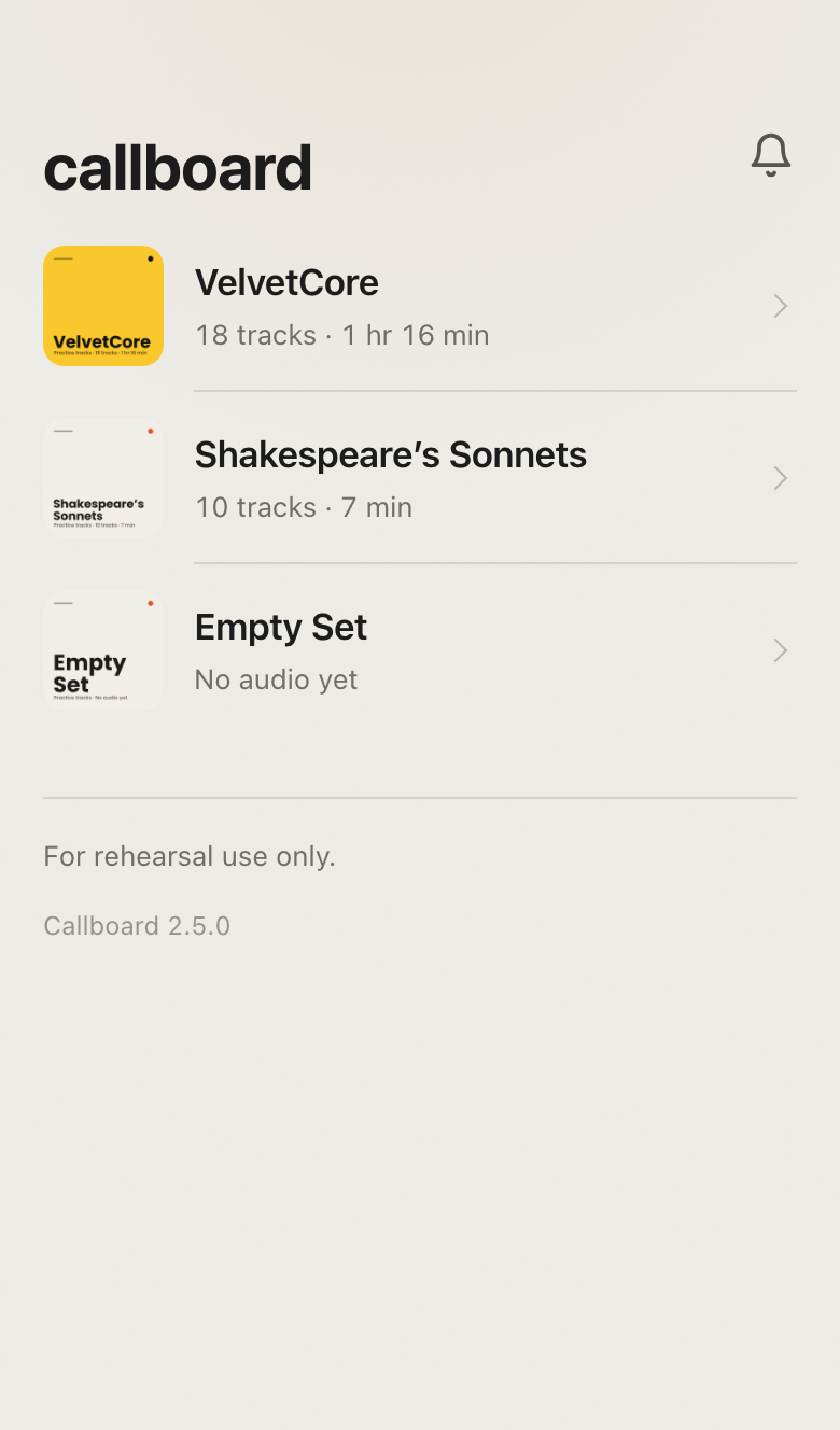 The home screen with the next call, the sets, and the player