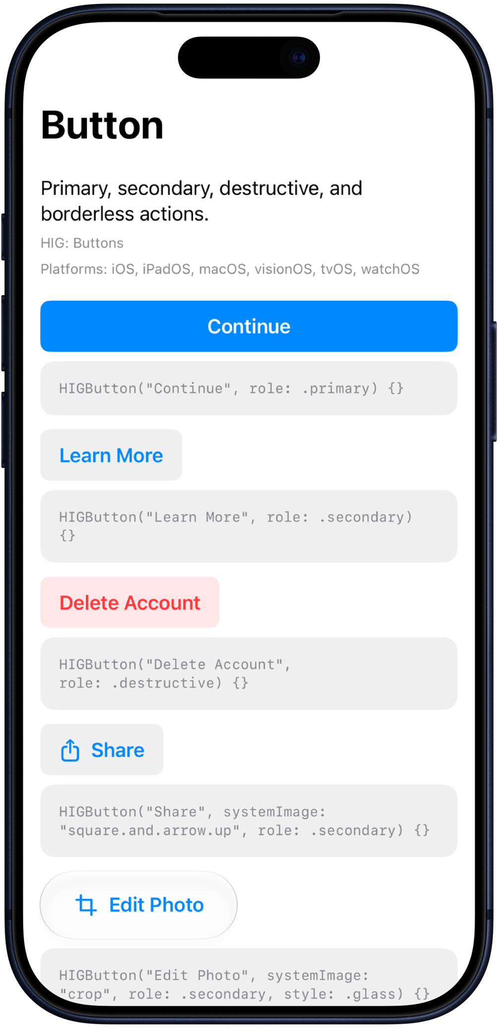 HIGButton component preview on iPhone
